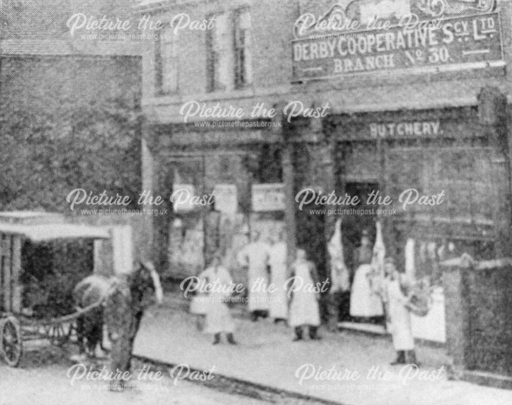 Shop assistants outside the Derby Co-operative Society Ltd's branch no 30