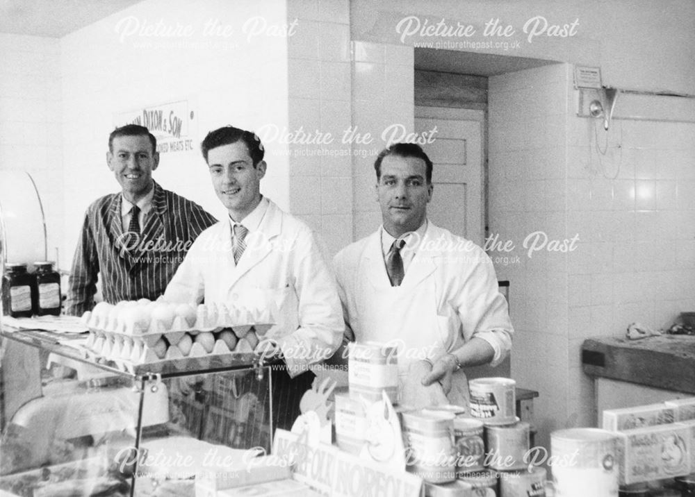 Shop assistants in Dixon's Butchers shop, London Road, Derby, c 1950s