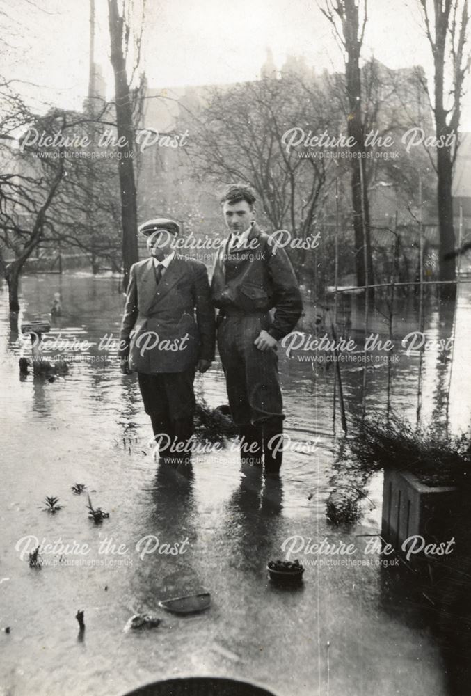 Frederick and Peter Colton in the Floods, South Street, Long Eaton, 1953