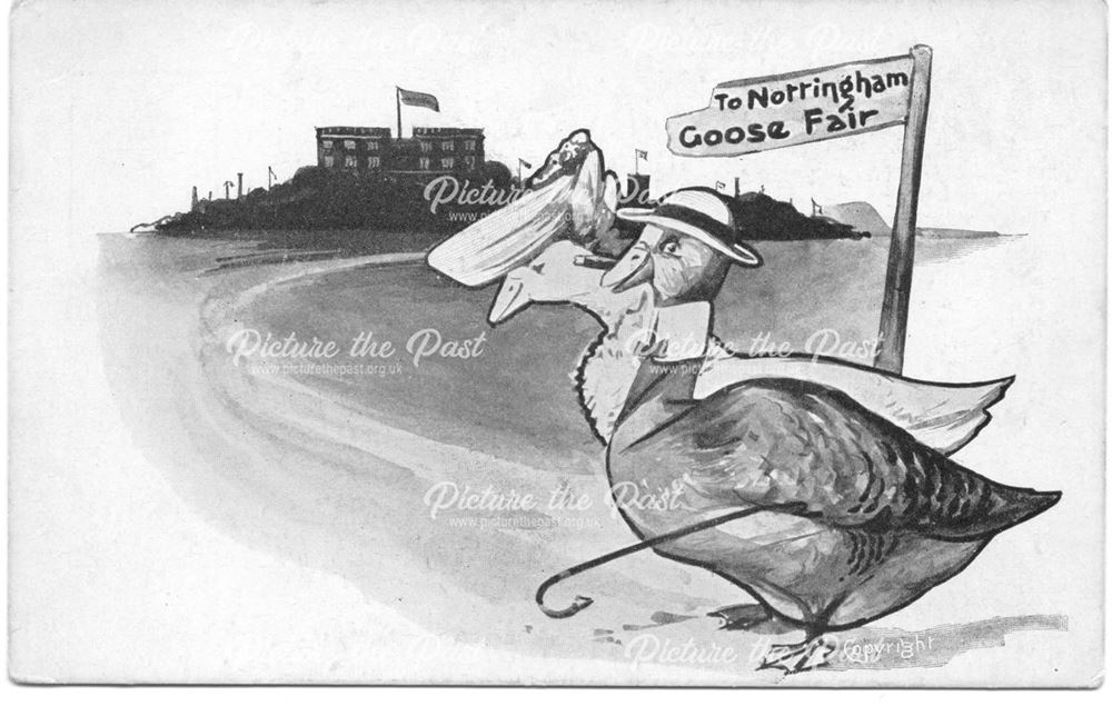 'To Nottingham Goose Fair', advertisment postcard (also showing Nottingham Castle)