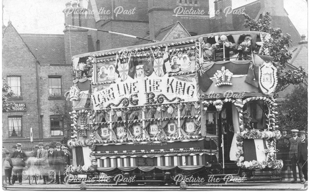A decorated Nottingham Corporation tram for the Coronation celebrations of George V and Queen Mary