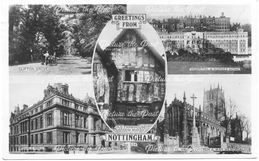 5 views of Nottingham: Clifton Grove; Guild Hall; Narrow Marsh; General Hospital and Nurses Home and