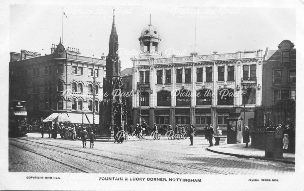 Fountain and 'lucky corner'. Now entrance to Broadmarsh Shopping Centre