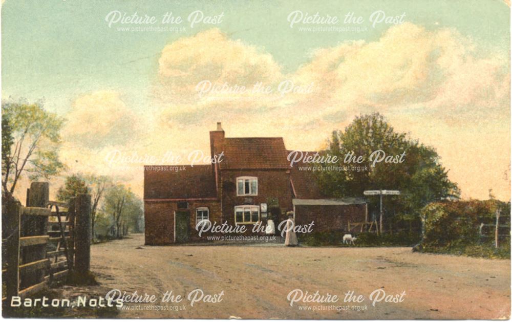 Lady in fine dress outside a rural shop