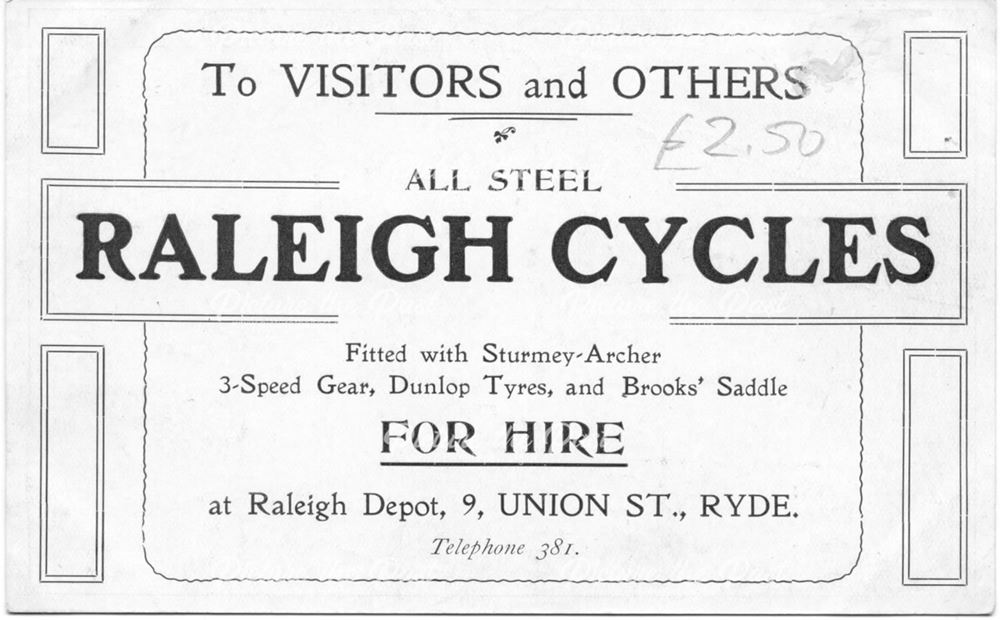 To visitors and others all steel Raleigh cycles for hire.