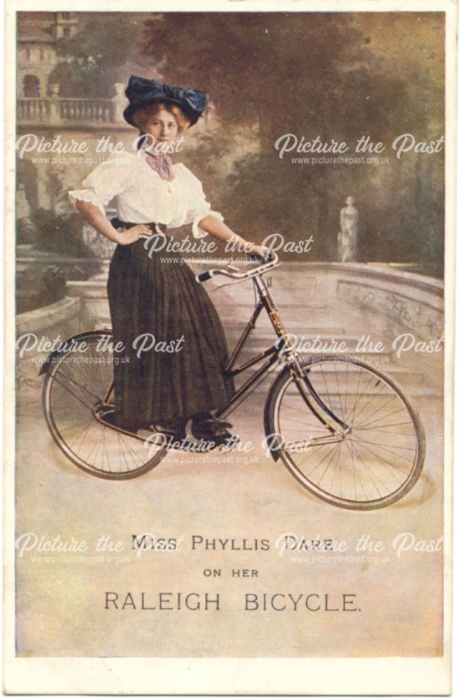 Miss Phyllis Dare on her Raleigh bicycle.