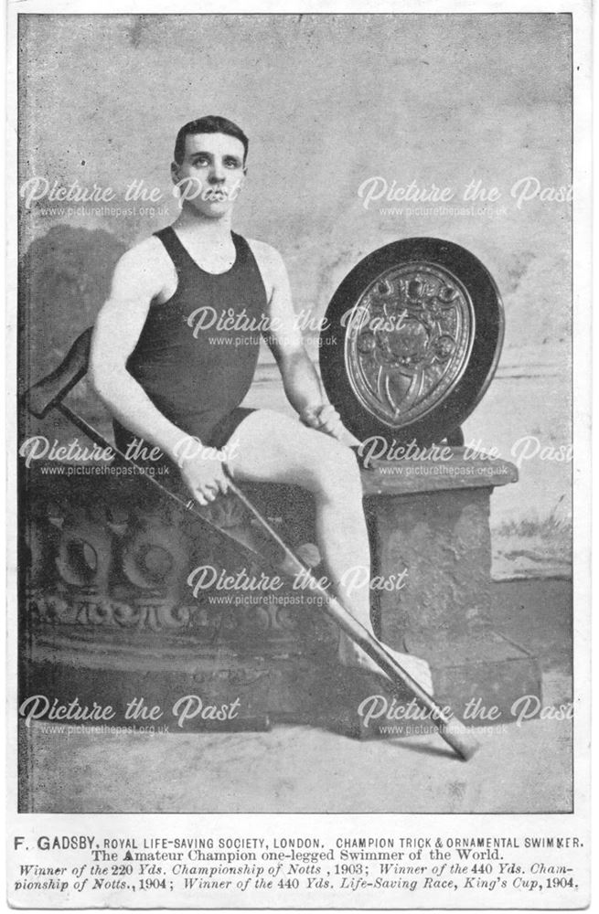 F. Gadsby, the Amateur Champion one-legged swimmer of the world