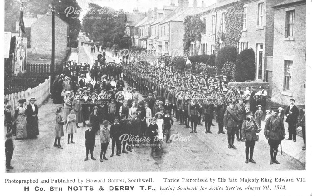 H' Co., 8th Battalion,  Notts. and Derbys T.F., (Sherwood Foresters) leaving for active service, 191