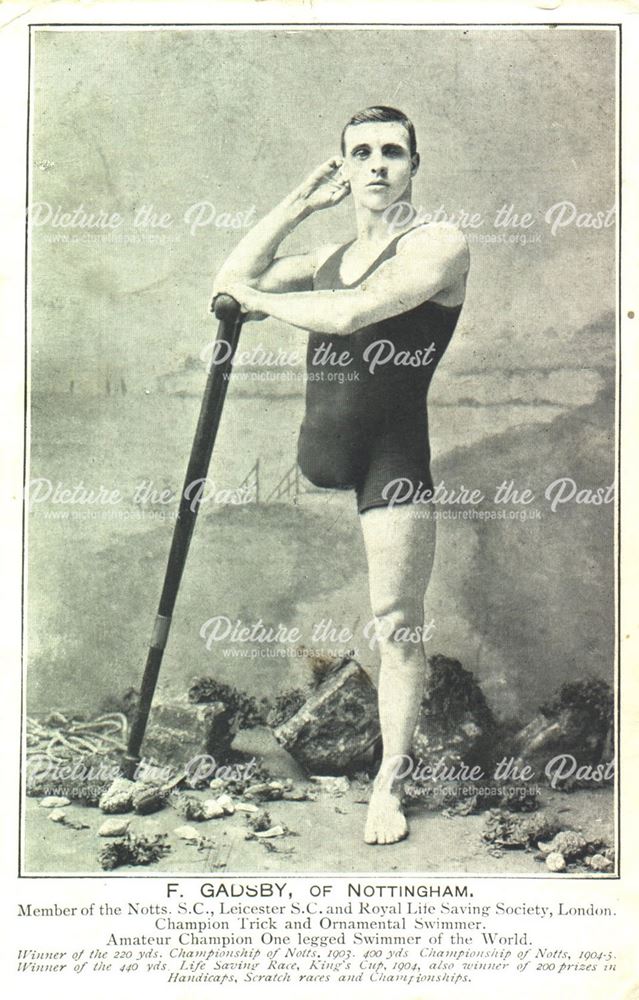 F Gadsby of Nottm., 'amateur champion one-legged swimmer of the World'