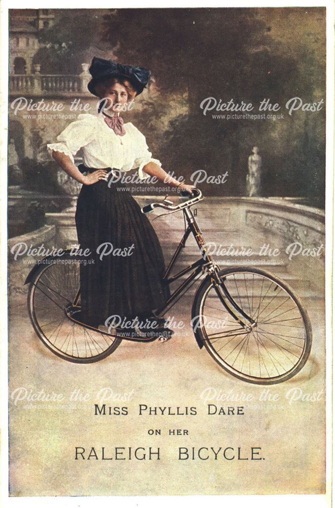 Miss Phyllis Dare on her Raleigh bicycle'