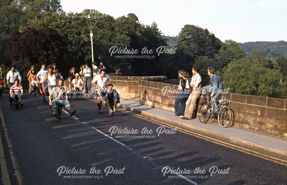 Wheelbarrow Race, Pack Horse Bridge, Bakewell Show or Carnival ?, 1979