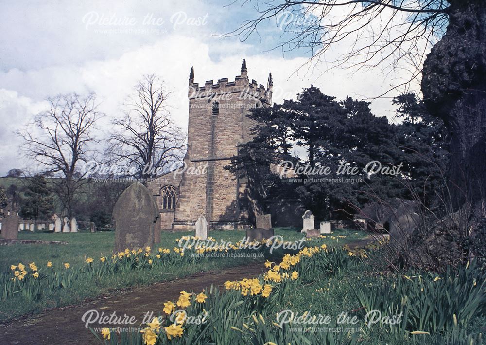 St Anne's Church with Daffodills, Church Lane, Beeley, c 1970s