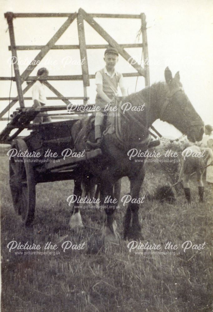 Jim Mugglestone on horse, Arthur Blagg in cart, Whitwell, c 1930's