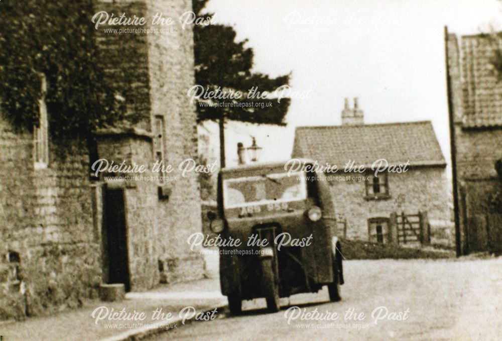 Three Wheeler at junction of Worksop Road and High Street, Whitwell, c 1930's