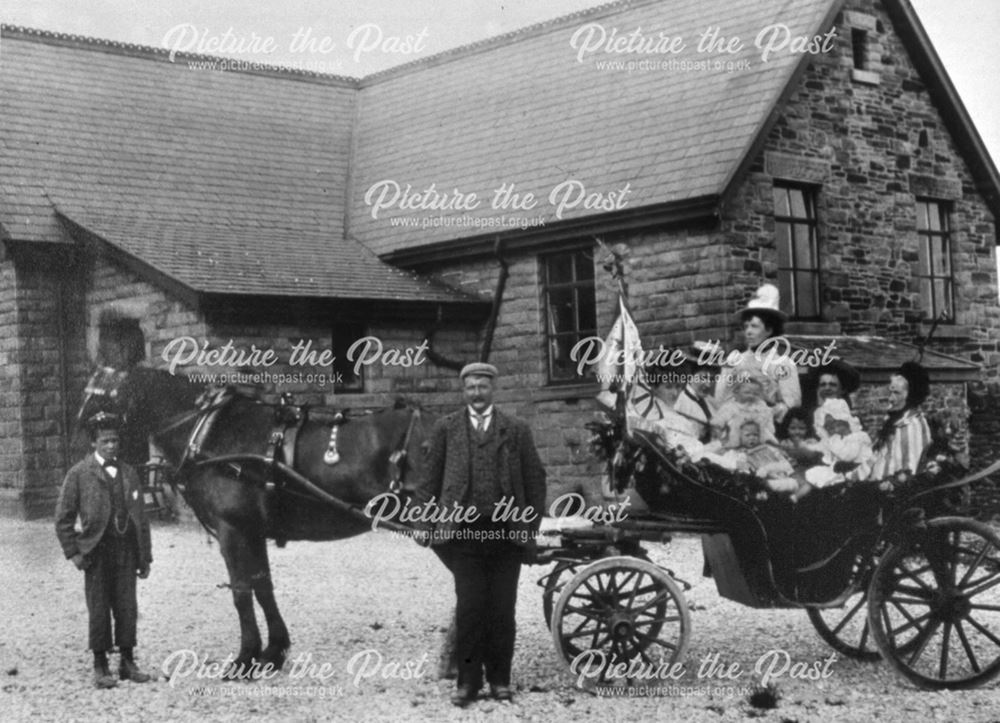 Women and Children in a Horse Drawn Carriage, Chinley Primary School, Buxton Road, Chinley, c 1900 