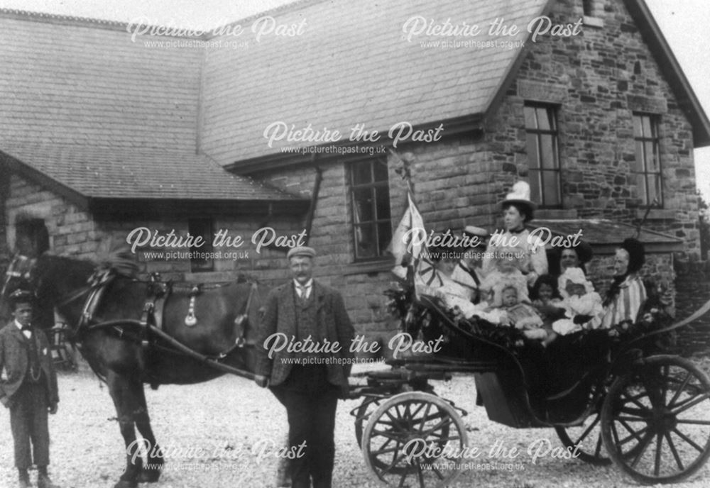 Women and Children in a Horse Drawn Carriage, Chinley Primary School, Buxton Road, Chinley, c 1900 