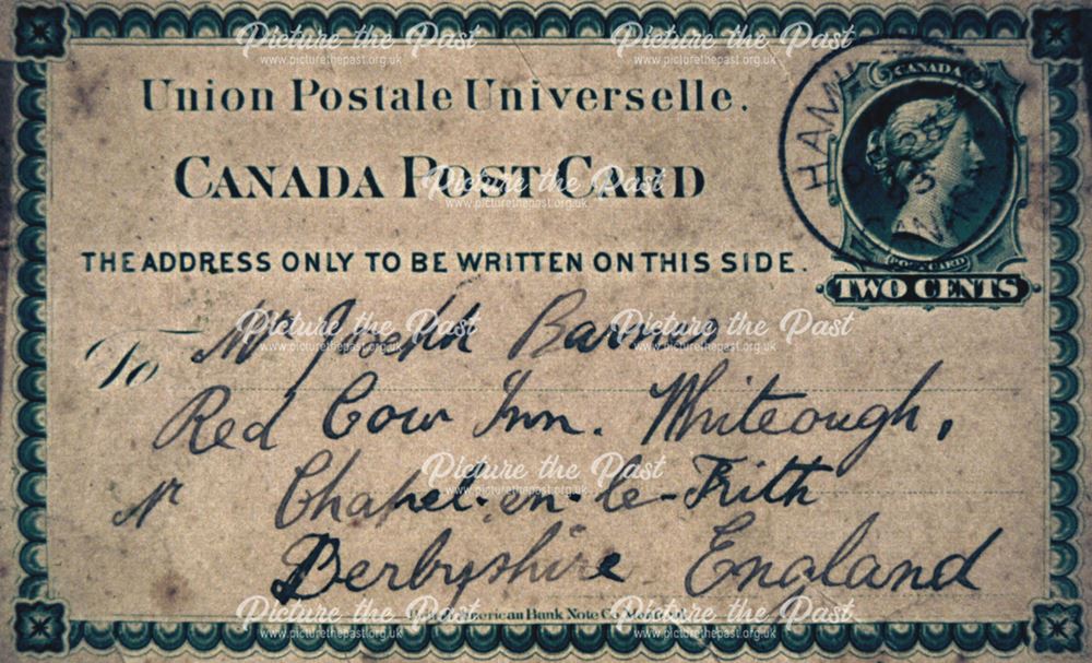 Postcard from Canada to Mr Joseph Barnes, Red Cow Inn, Whitehough, c 1890s 