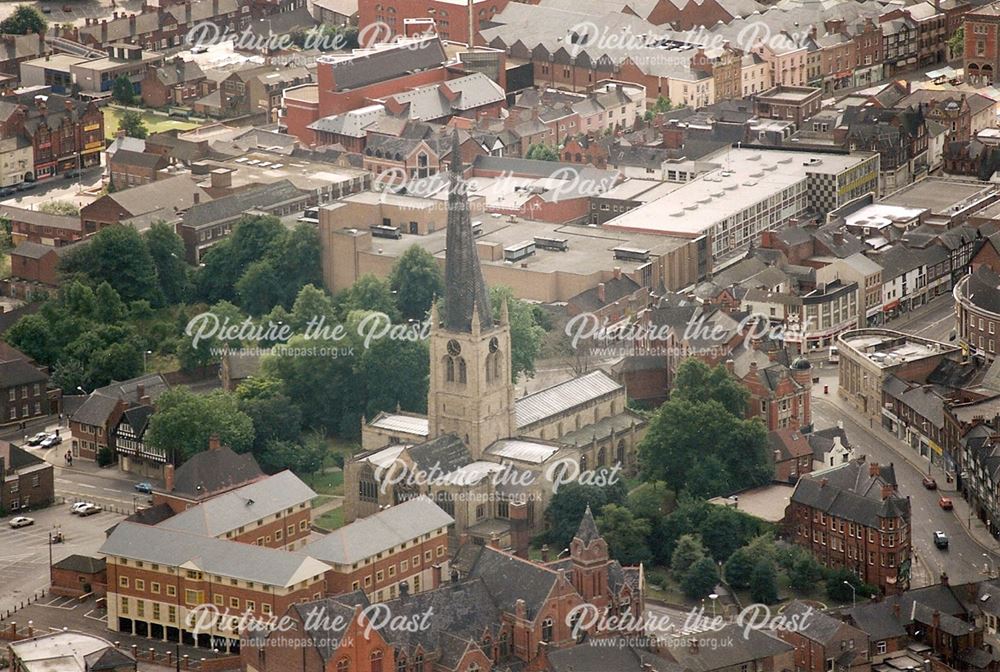 Aerial View of the Crooked Spire of Parish Church of Saint Mary and All Saints and surrounding stree