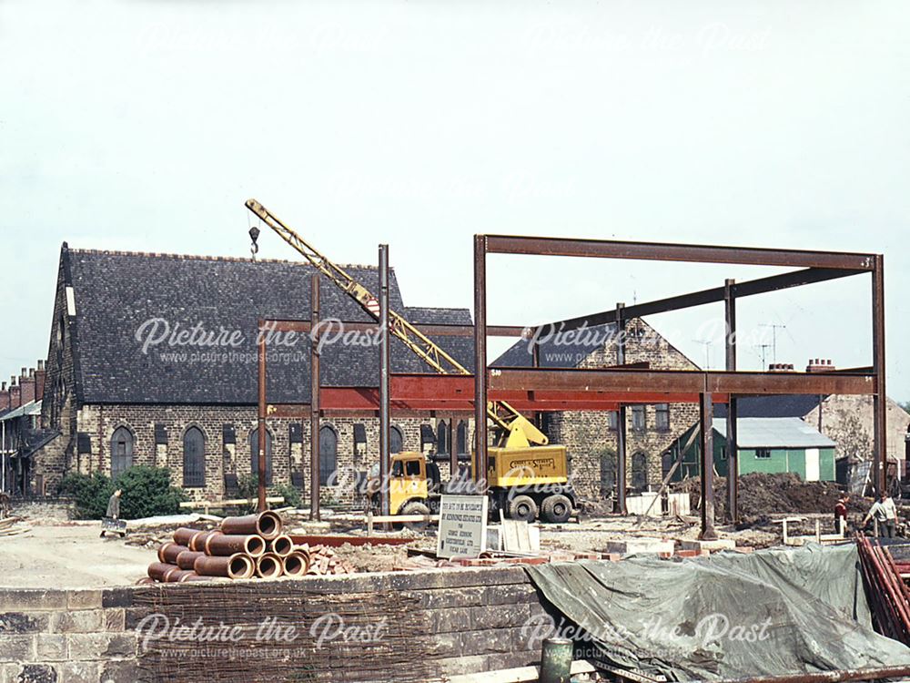 Construction of Kennings (Brampton Congregational Church behind), Chatsworth Road, Chesterfield, 196