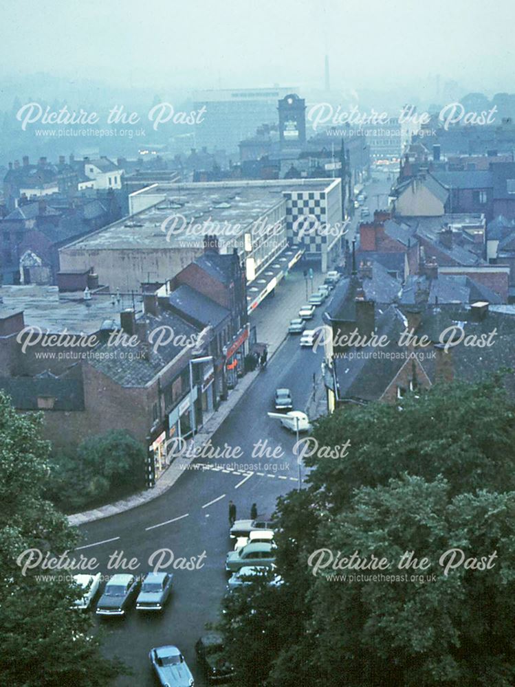 Looking down Chesterfield High Street from Spire, 1966