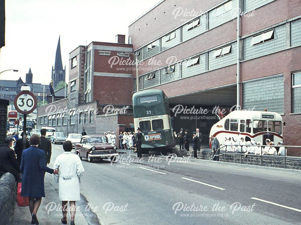 Bus crash outside Trebor Factory, Chesterfield, 1967