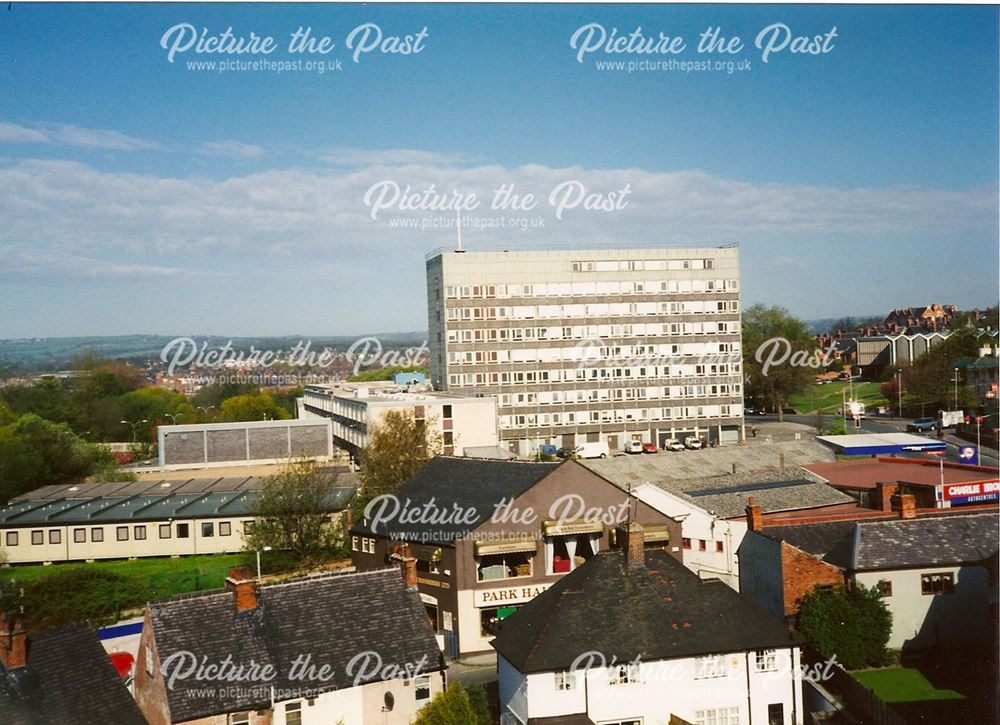 Park Road and Chetwynd House (AGD), from Pavements Car Park, Chesterfield, late 1990s