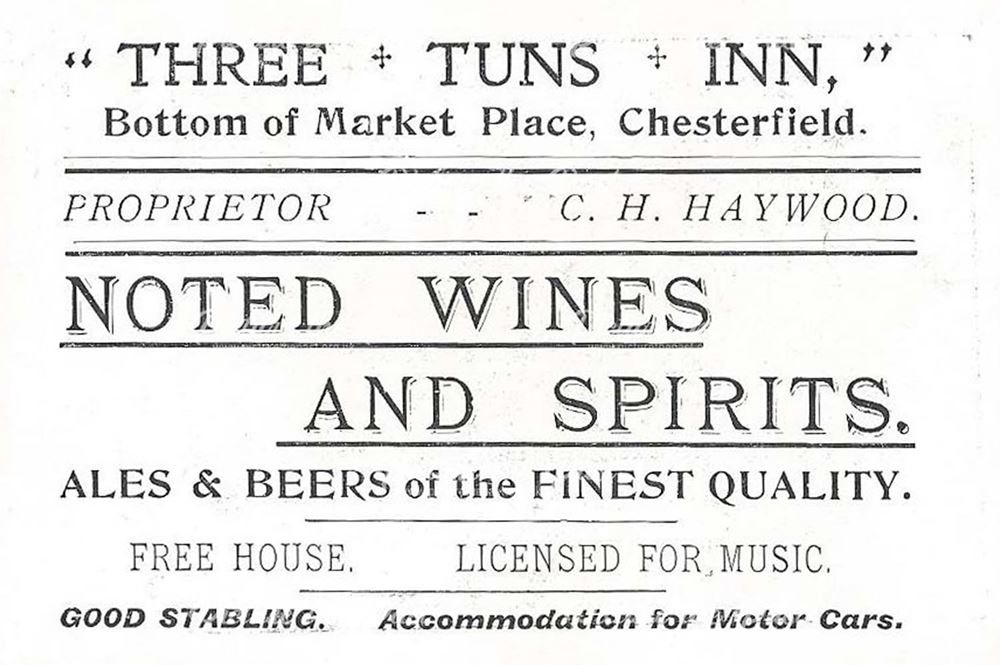Business card for the Three Tuns Inn, Low Pavement, Chesterfield, c1910