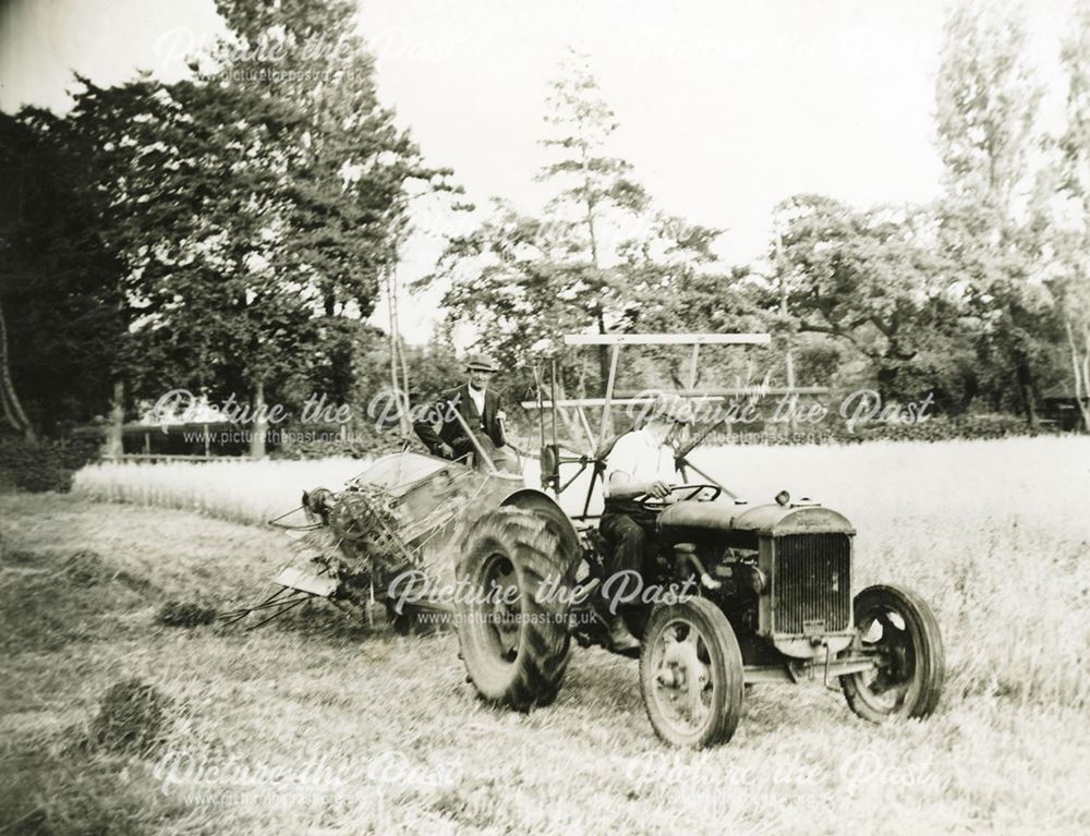 Tractor and binder harvesting at Cordwell Farm, Cordwell, c 1930s/1940s ?