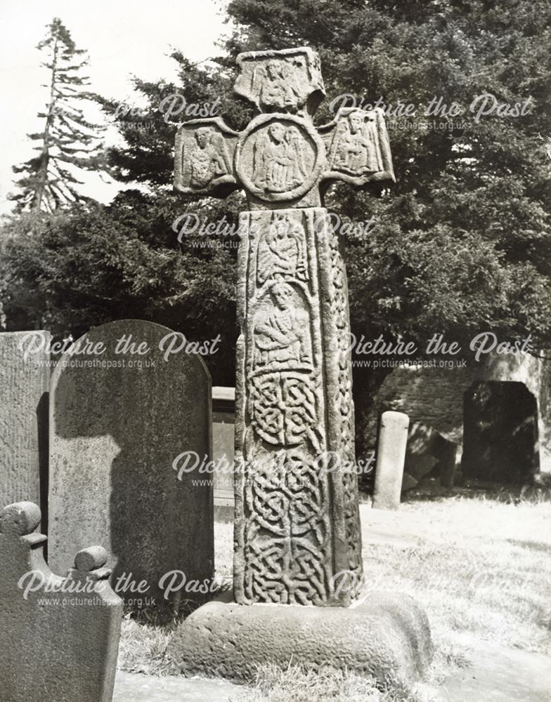 Saxon cross in the churchyard, Eyam, c 1940s ?