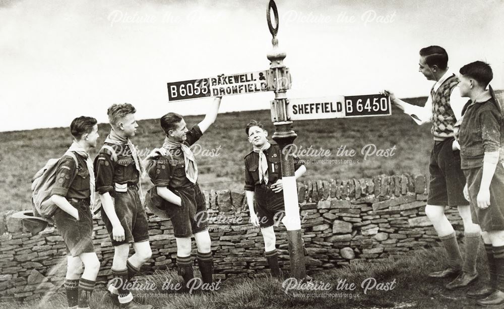 Boy scouts and signpost, Owler Bar Road, Longshaw, c 1930s ?