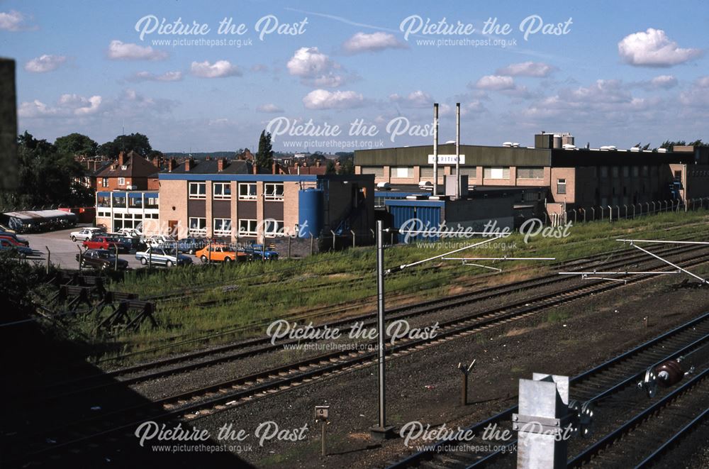 Railway Bridge Looking North with Meritina's Factory, Beacon Hill Road, Newark, 1987