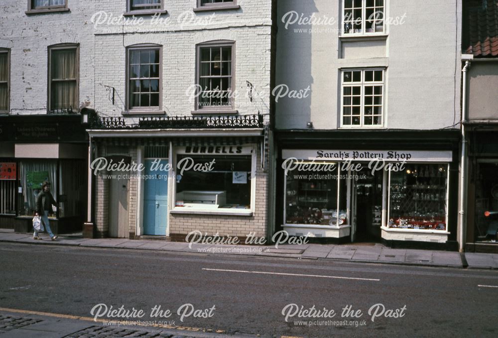 Butchers, Pottery and Jewellers Shops on Church Street, Newark, c 1986