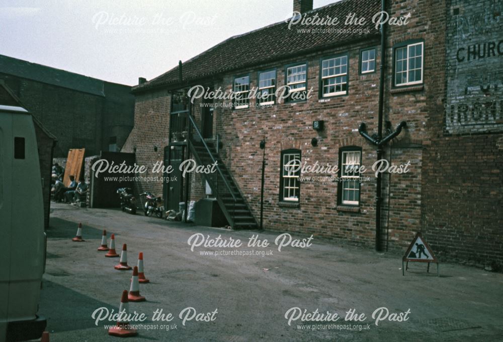 Rear of Cavalier Public House and Bike Shop, Boar Lane, Newark, c 1987