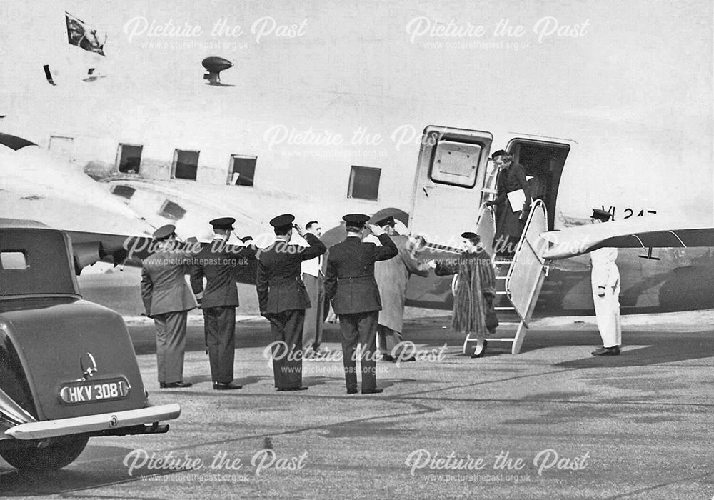 Arrival of Queen Elizabeth II at Whatton Airfield, c 1955