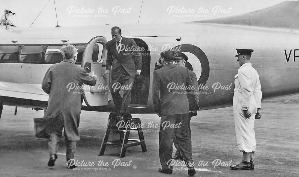 Arrival of Prince Philip at Whatton Airfield, c 1955