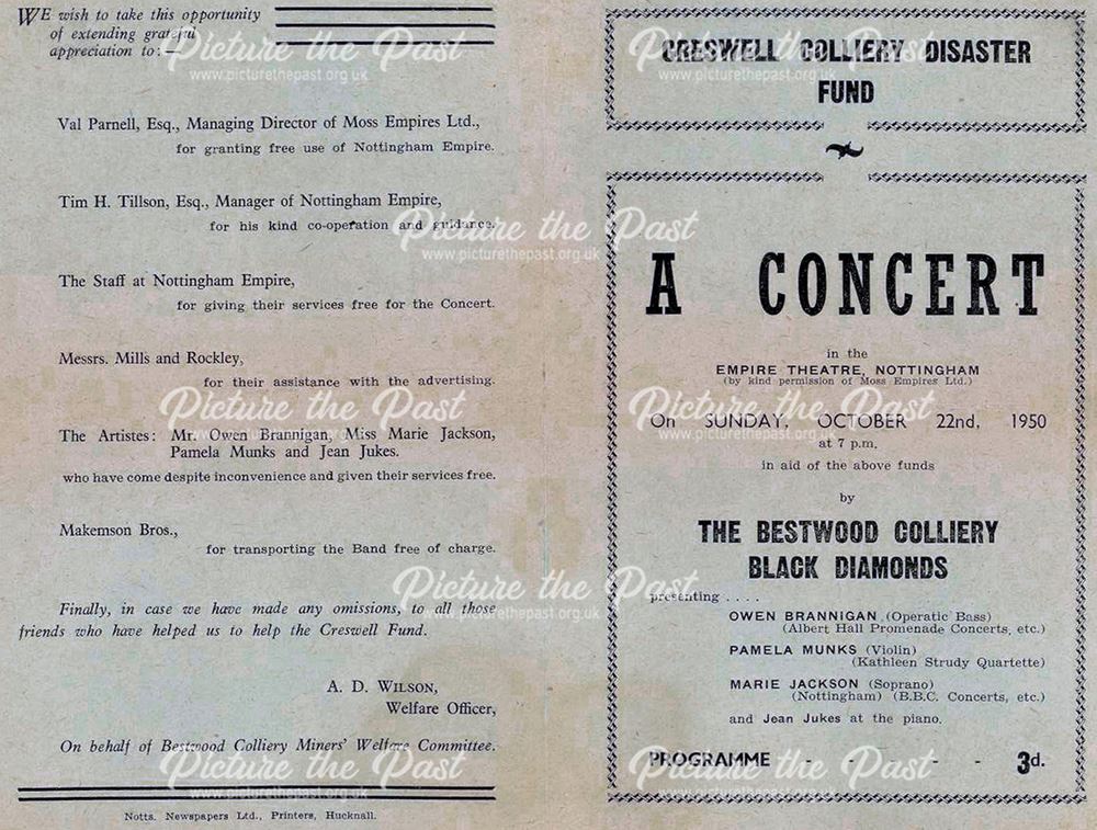 Bestwood Black Diamonds Band Charity Fund Concert Programme, 1950