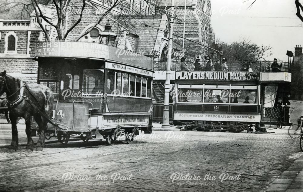 Nottingham Corporation horse and electric trams at the junction of Forest Road and Mansfield Road, N