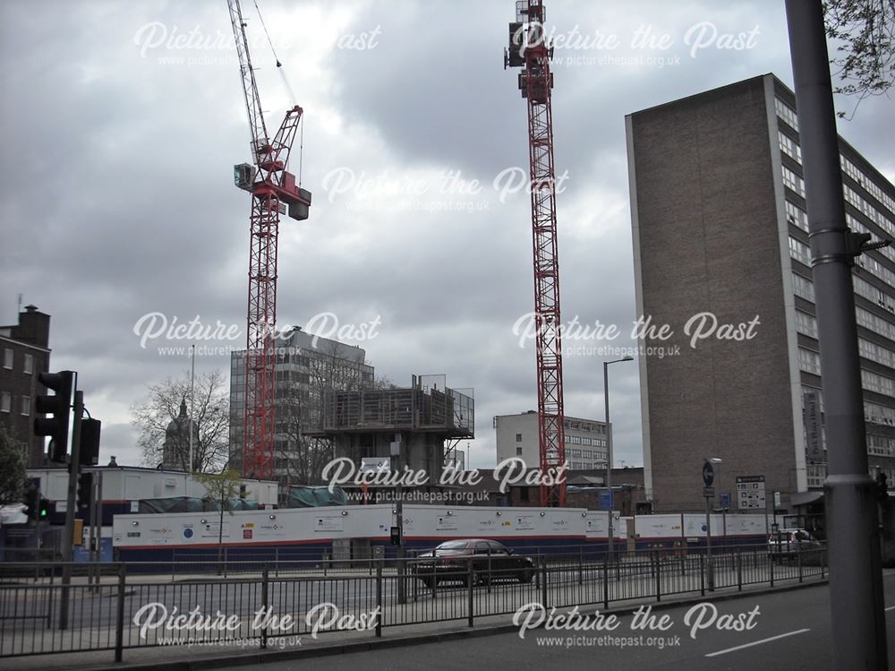 Construction of new student accommodation seen from Maid Marian Way, Nottingham, 2013