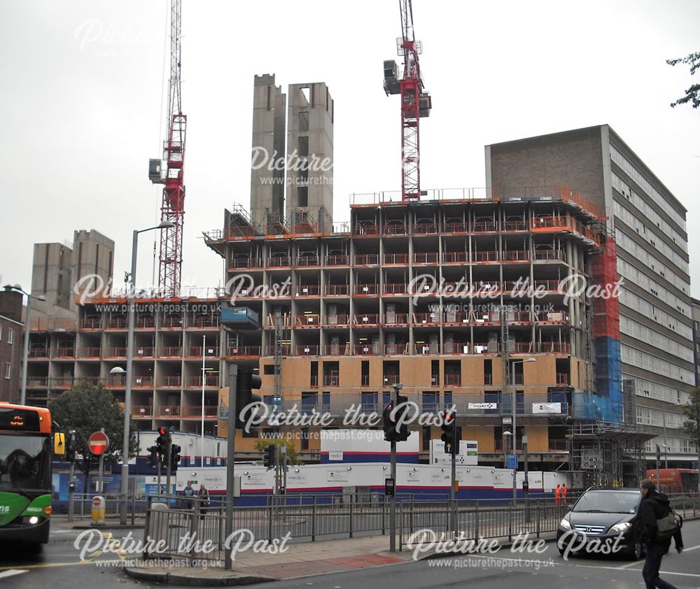 Construction of new student accommodation seen from Maid Marian Way, Nottingham, 2013