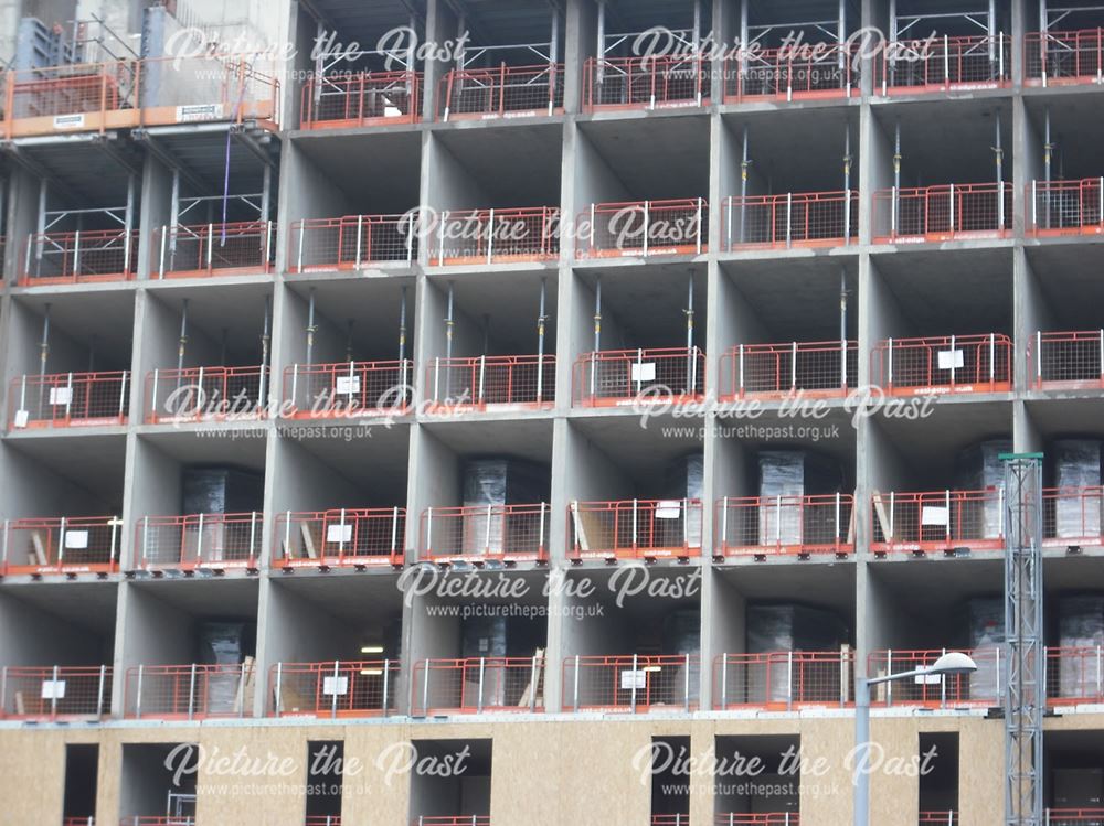 Construction of new student accommodation seen from Maid Marian Way, Nottingham, 2013