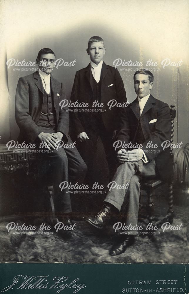 Studio portrait of three young men, Sutton in Ashfield, c 1901