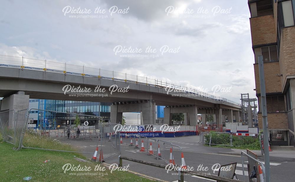 Construction of the tram flyover through the grounds of the QueenÆs Medical Centre, Nottingham, 2014