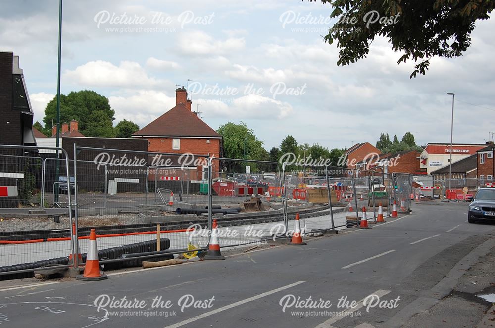 Construction of tram line along Lenton Lane, Lenton, Nottingham, 2014