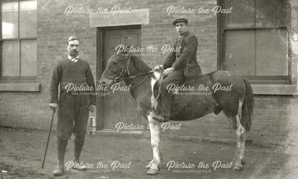 Pit Pony, Rider and Groom at Alfreton Hall Stables, c 1920s