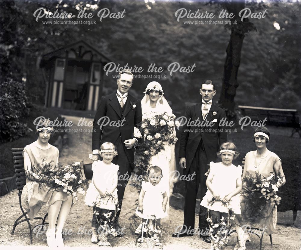 Portrait of (unknown) Wedding Party Pavilion Gardens, Buxton, c 1920s