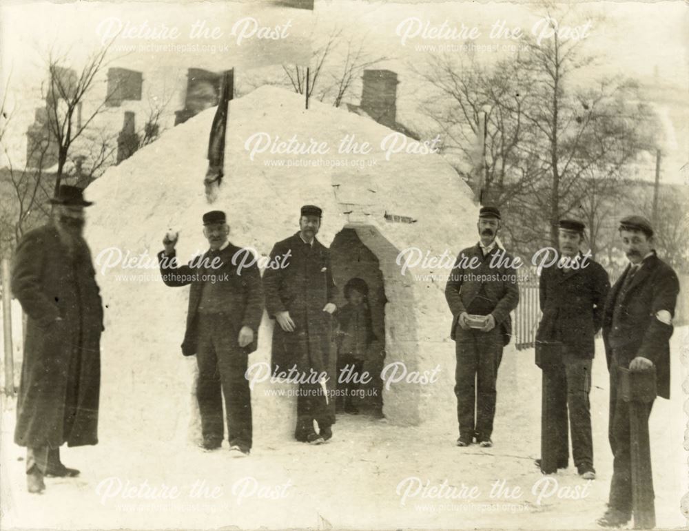 Snow house built outside Buxton Station, winter 1898