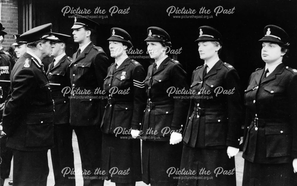 Derbyshire Constabulary Parade featuring female officers, Full Street?, Derby, 1963