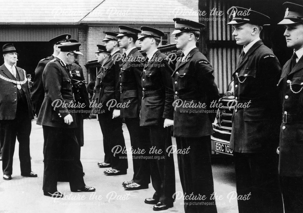 Borough police inspection featuring cadets, Derby, 1961