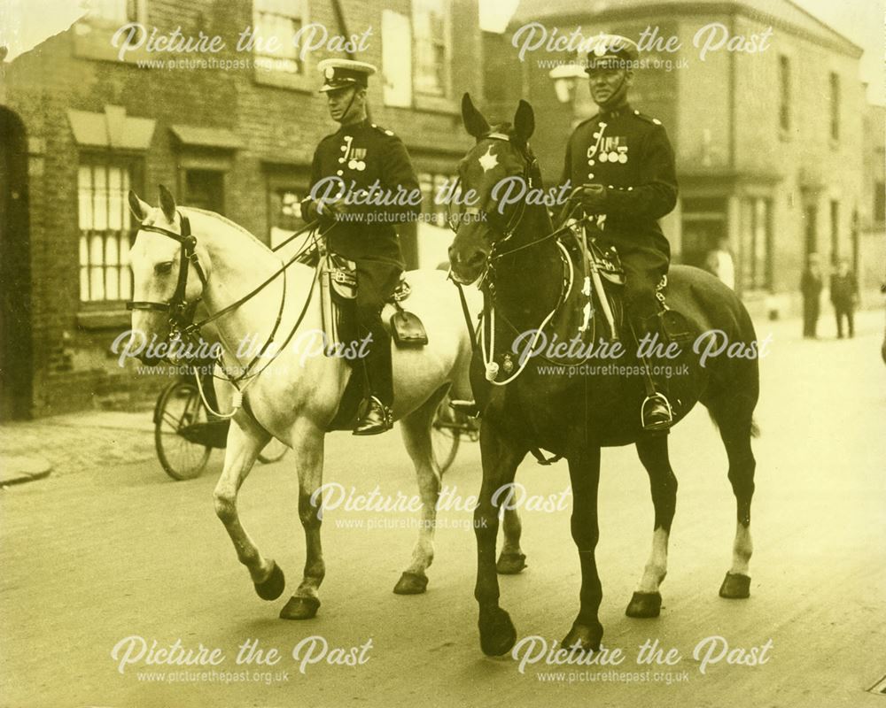 Mounted officers PC A. Bayliss and PC Scottie (right), Derby, c 1900s