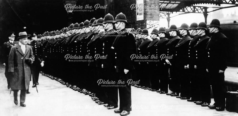 Inspection of Derbyshire County Police by Major Anley on Platform 4 of Derby Midland station 1930's